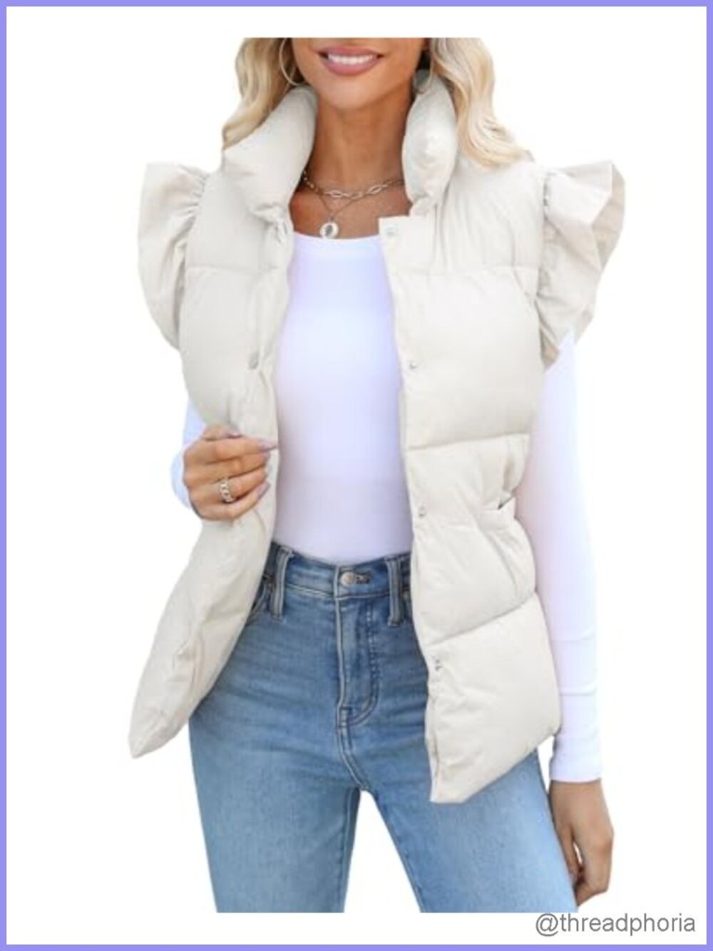 Women's Quilted Puffer Vest Ruffle Sleeveless Lightweight Winter Outerwear